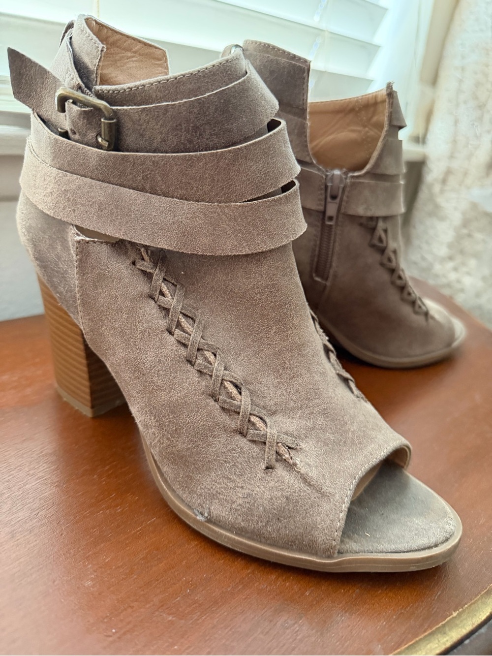 Diba Taupe Suede Peep-Toe Ankle Bootie with Wrap Strap